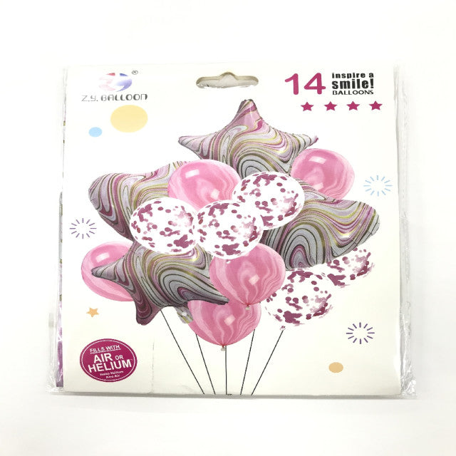 FOIL BOUQUET 14 GLOBOS ESTRELLAS MARMOLEADO PINK