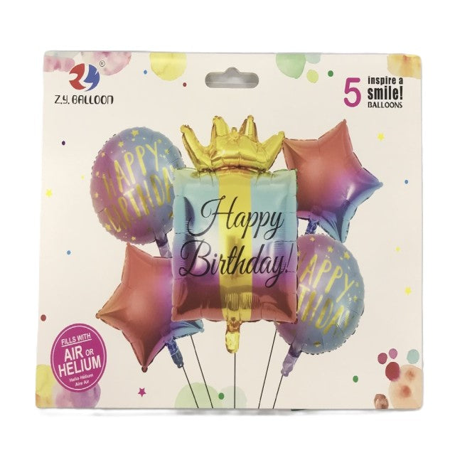 FOIL BOUQUET 5 HAPPY BIRTHDAY CUADRADO CON CORONA