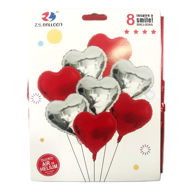 FOIL BOUQUET 8 CORAZONES RED SILVER