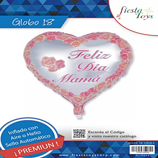 FOIL 18 FELIZ DIA MAMA CORAZON PLATEADO ROSAS BLISTER