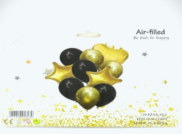 FOIL BOUQUET 10 GLOBOS ESTRELLAS DORADO Y NEGRO