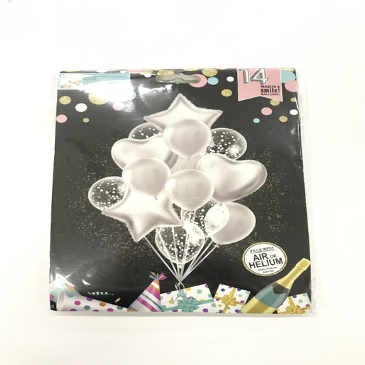 FOIL BOUQUET 14 GLOBOS ESTRELLAS CORAZONES SILVER