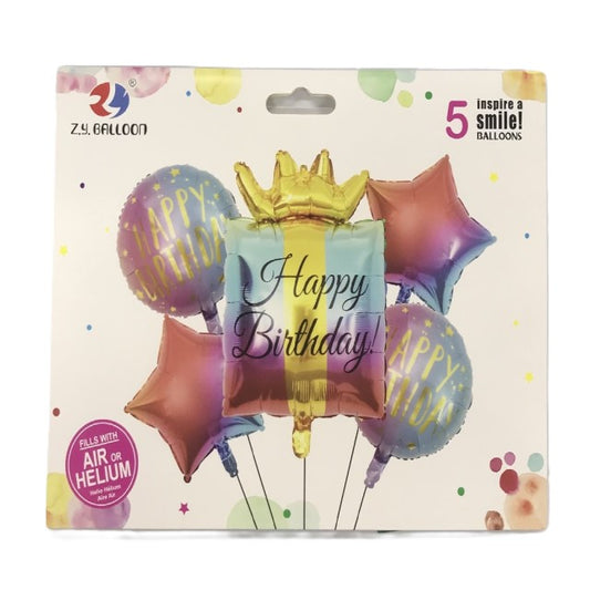 FOIL BOUQUET 5 HAPPY BIRTHDAY CUADRADO CON CORONA