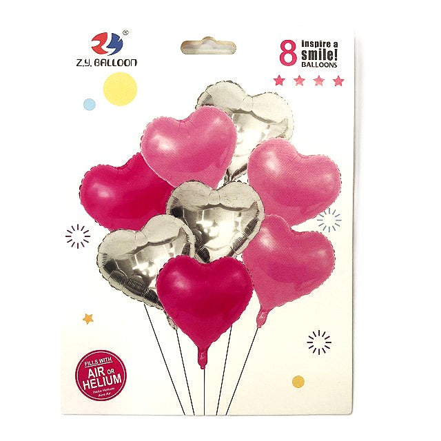 FOIL BOUQUET 8 CORAZONES ROSA FUCSIA Y PLATA