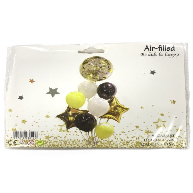 FOIL BOUQUET 9 GLOBOS ESTRELLAS DORADO BLACK