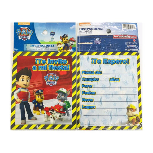 INVITACION PAW PATROL (6 Unid)