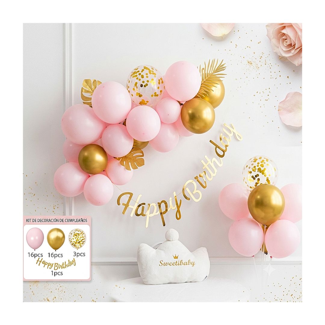 GLOBOS ARCO 36 ARCO ROSADO DORADO HAPPY BIRTHDAY