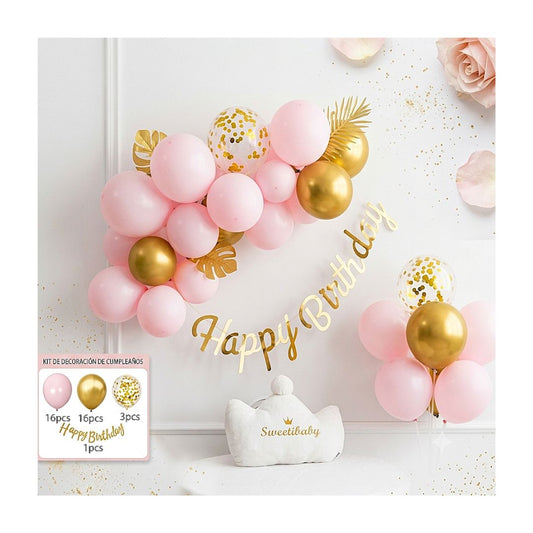 GLOBOS ARCO 36 ARCO ROSADO DORADO HAPPY BIRTHDAY