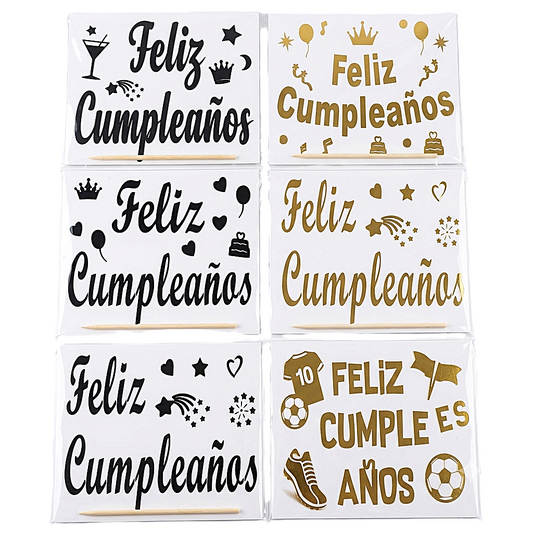 STICKER FELIZ CUMPLEAÑOS DORADO-NEGRO PARA GLOBOS